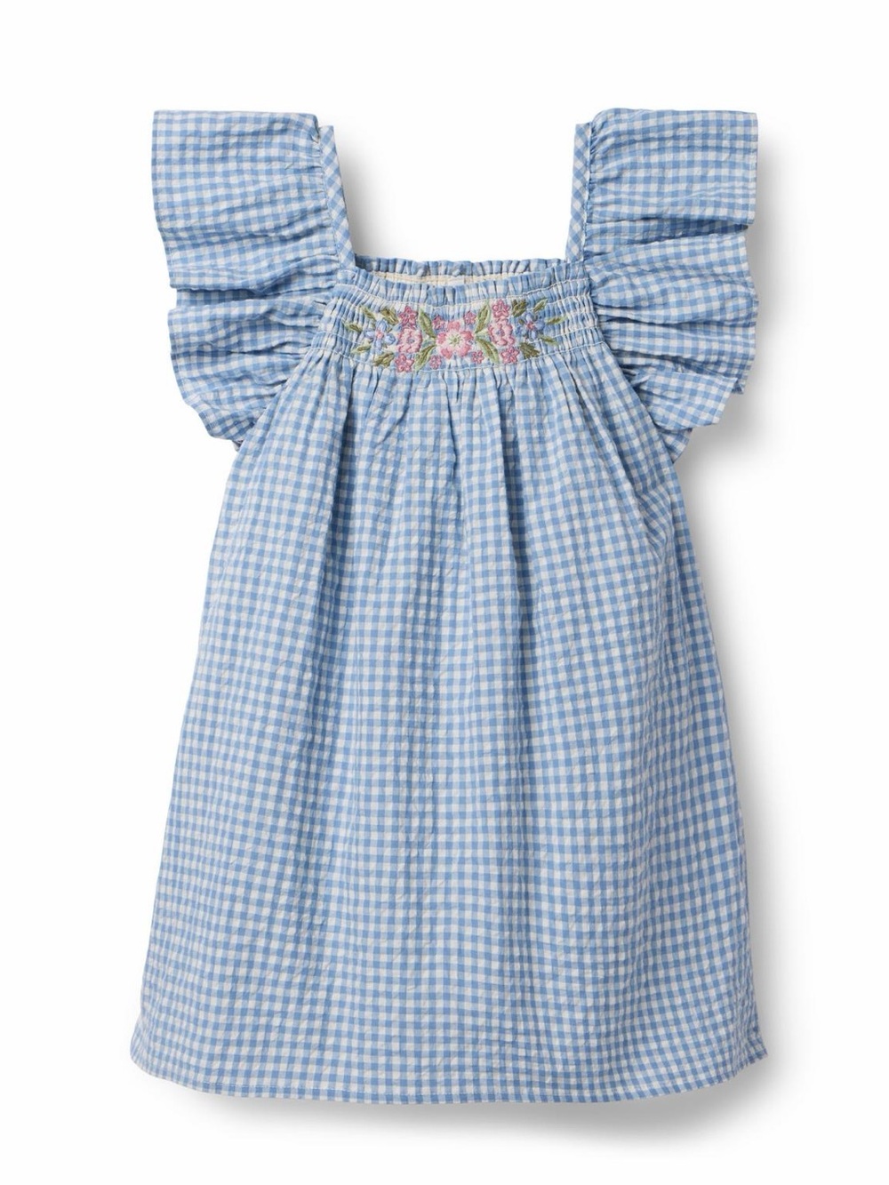 Janie and Jack Girl’s Dress Gingham Smocked Floral Embroidered Size 6 Ruffle